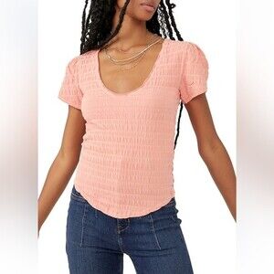 Free People Coral Smocked Blouse